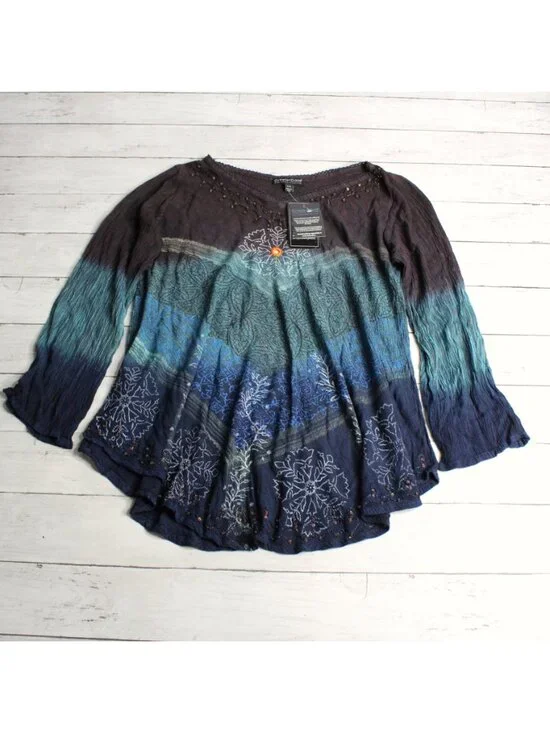 Greater Good Women's Bohemian Tunic Top Size S M Beaded Tie Dye 3/4 Sleeve - Picture 2 of 5